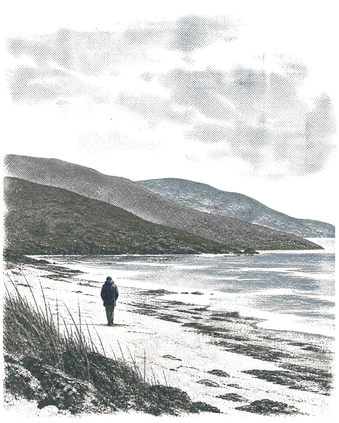 a two-colour screenprint of a solitary person walking along a quiet shoreline beneath layered hills